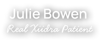 Image with text saying "Julia Bowen Real Xiidra Patient"