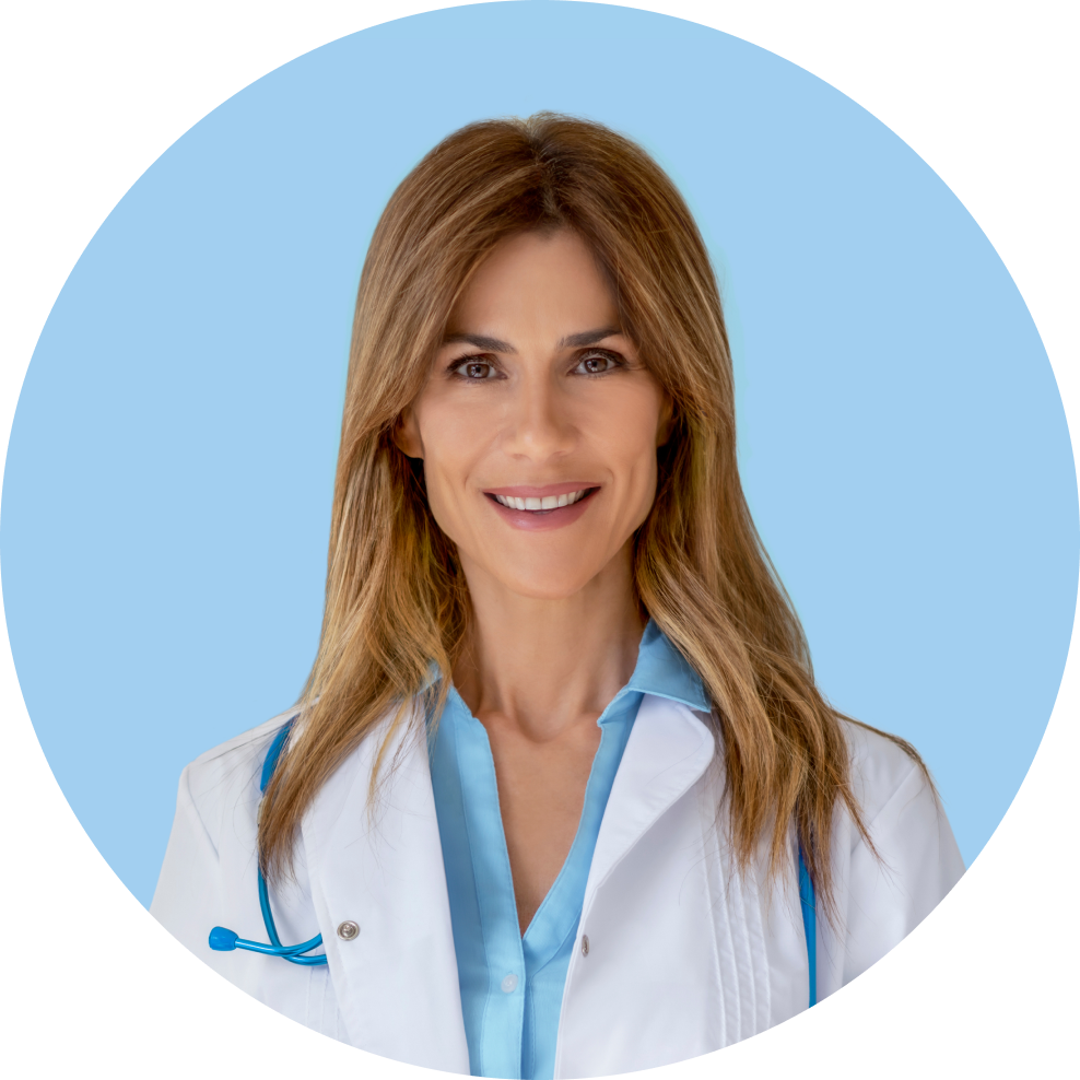 A woman wearing a doctors lab coat with a stethoscope around her neck