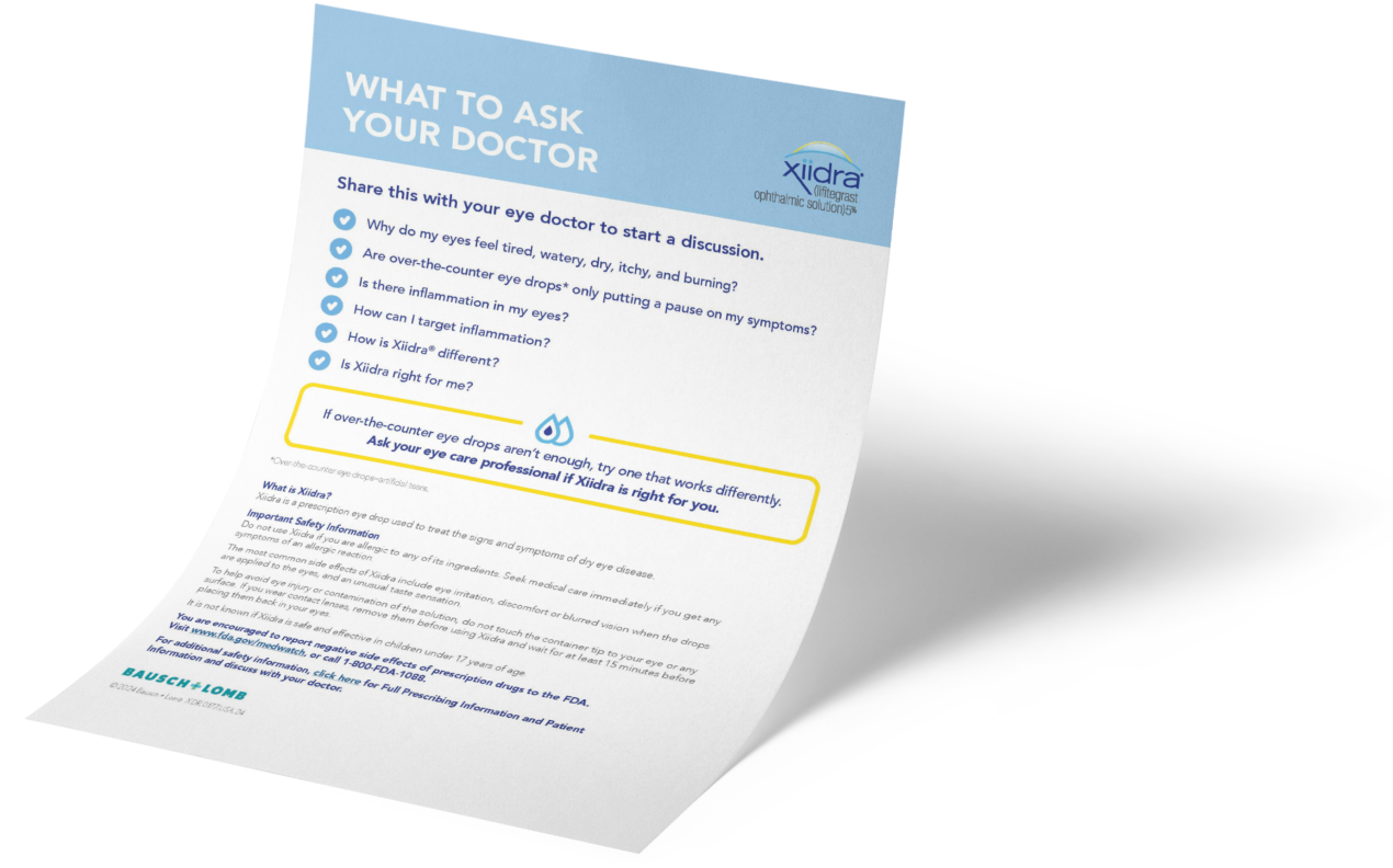 Image of a piece of paper with the text What to ask you doctor across the top along side the Xiidra logo, there are then several questions with checkmarks next to each